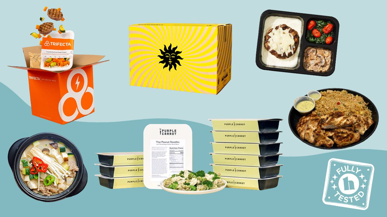 a blue background that has photos of various of our picks of healthy meal delivery kits