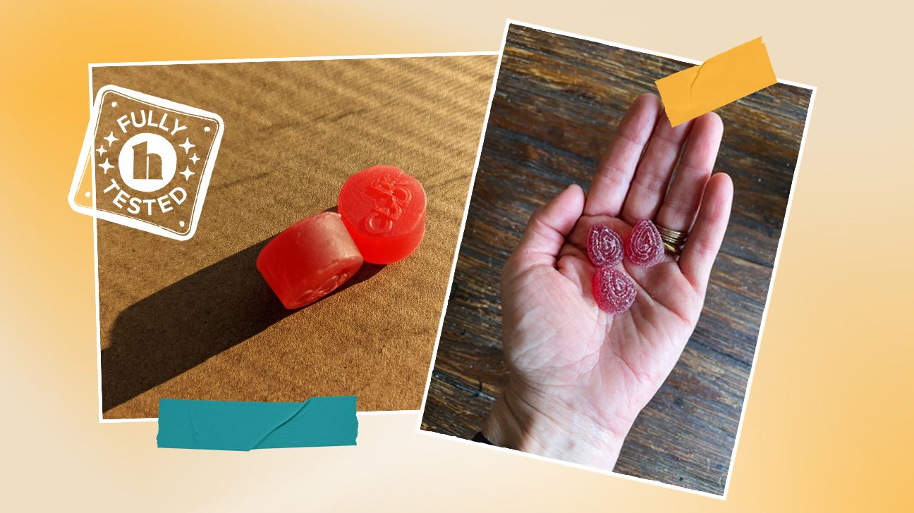 Two CBD gummies by CBDfx and Soul CBD during product testing.