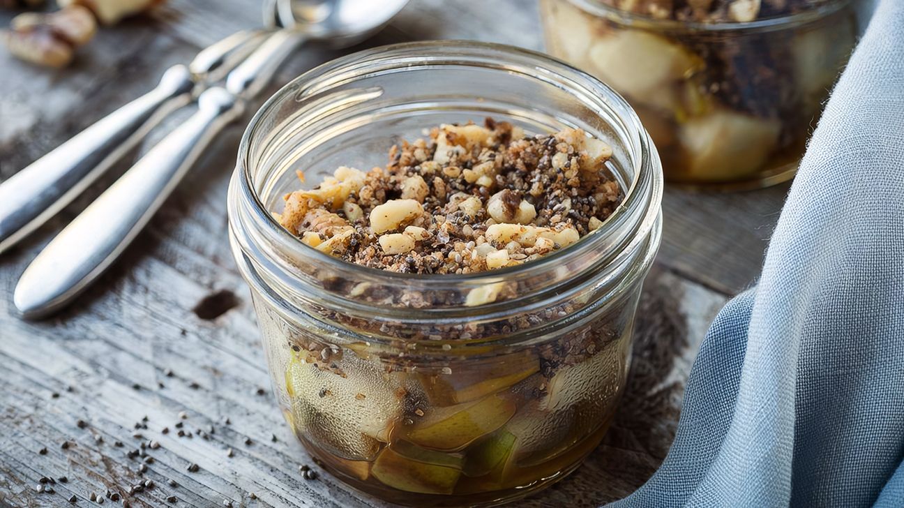 Warm pears with chia walnut crumble