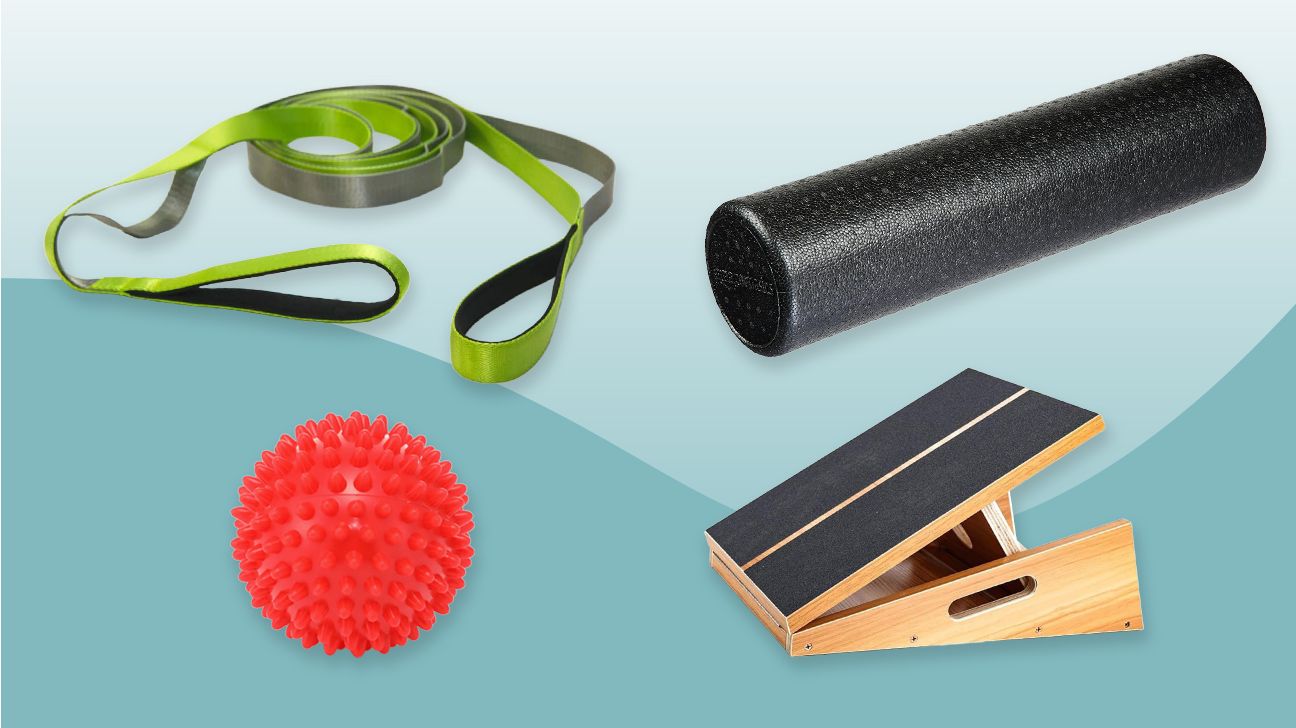 Four of the best pieces of stretching equipment on a blue background.