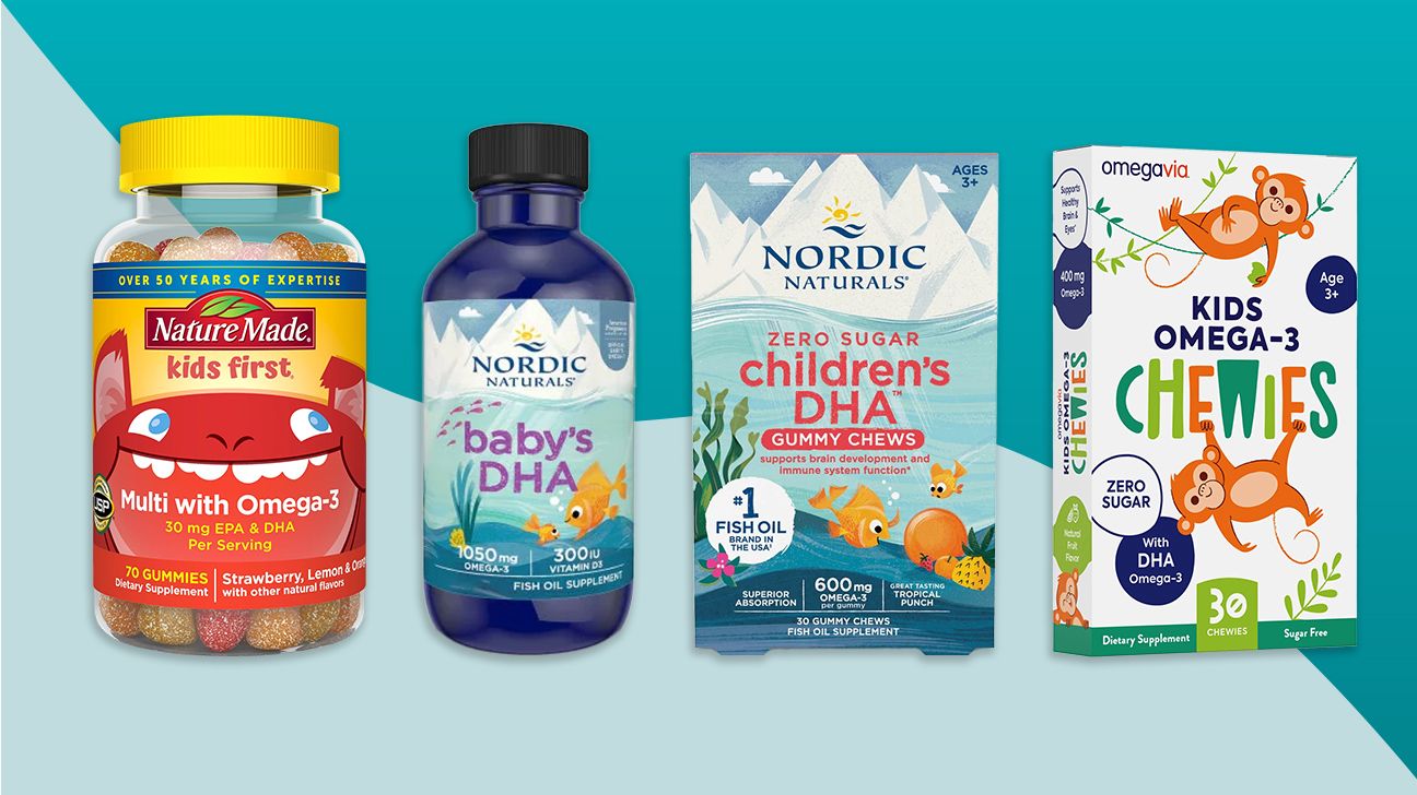 a collage of fish oil supplements for kids