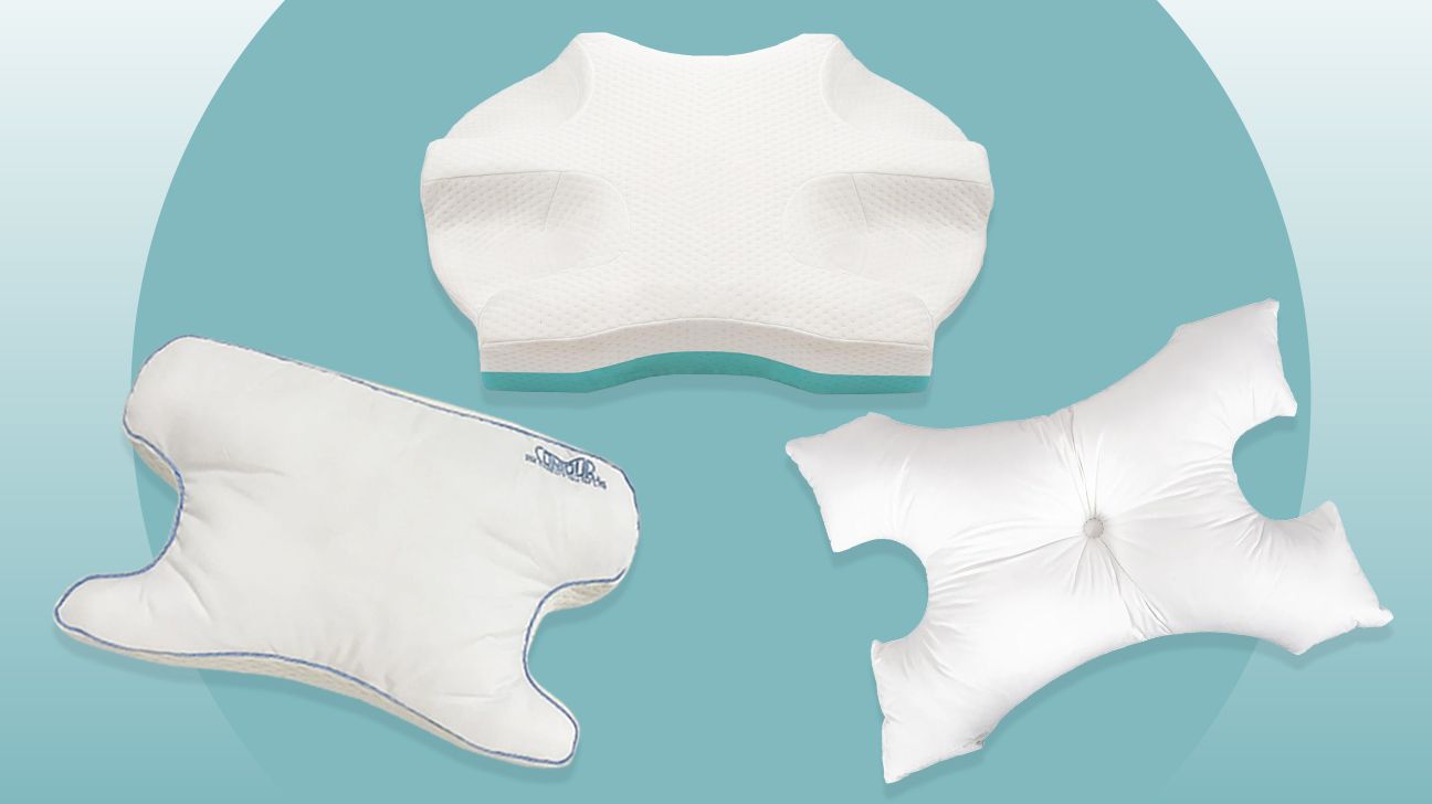 Three of the best pillows for sleep apnea, from Contour Living, Lunderg, and Borden Textile. They are displayed on a Cyan blue background. 