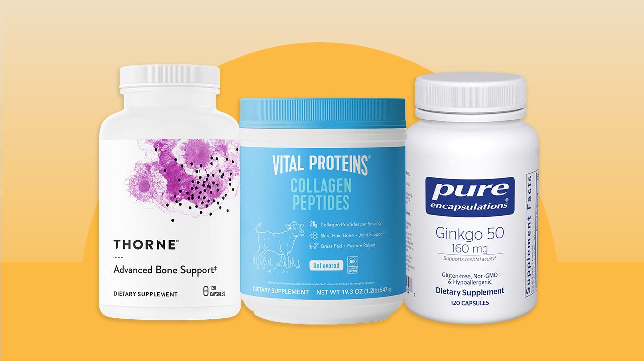 a collage of supplements for healthy aging by Thorne, VItal Proteins, and Pure Encapsulations
