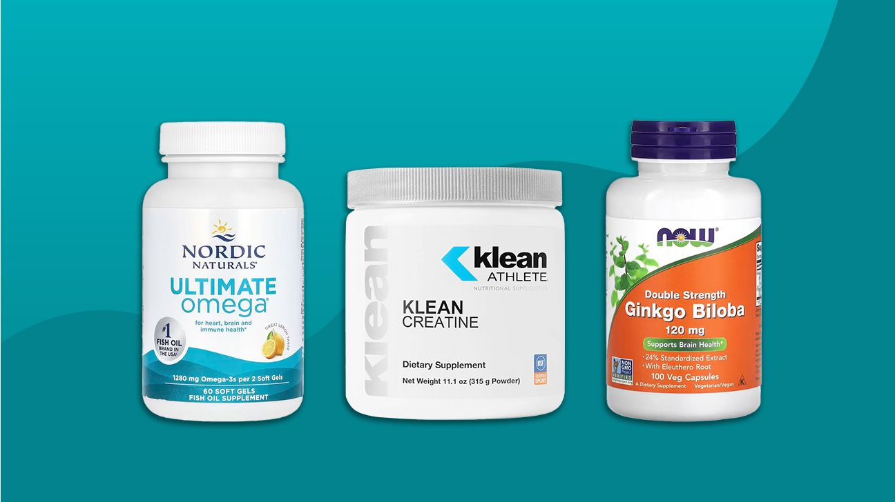 a collage of fish oil, creatine, and ginkgo biloba supplements for brain health
