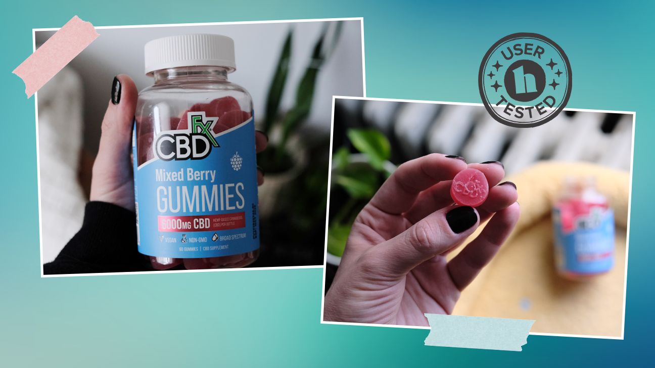 Tester images of CBDfx gummies. They are displayed on a blue background and feature a 'user tested' badge.