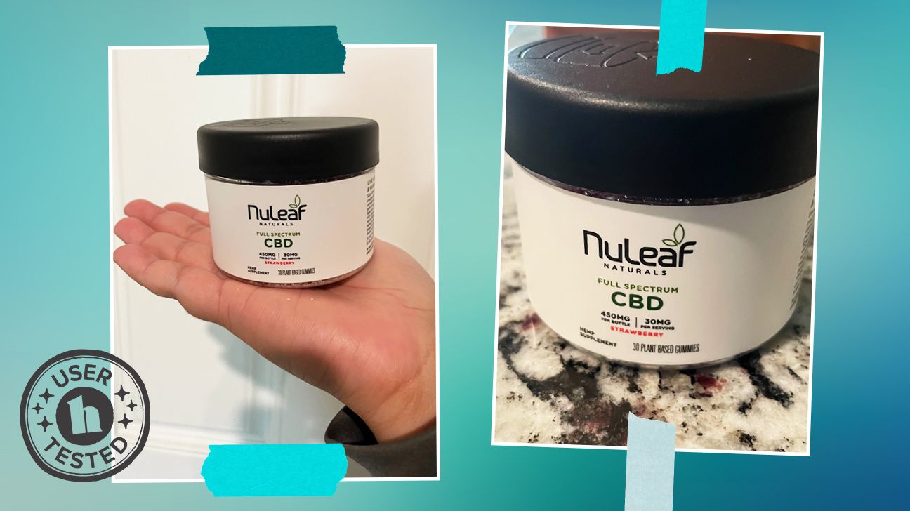 Tester images of NuLeaf Naturals CBD Gummies. They are displayed on a blue background and feature a 'user tested' badge.
