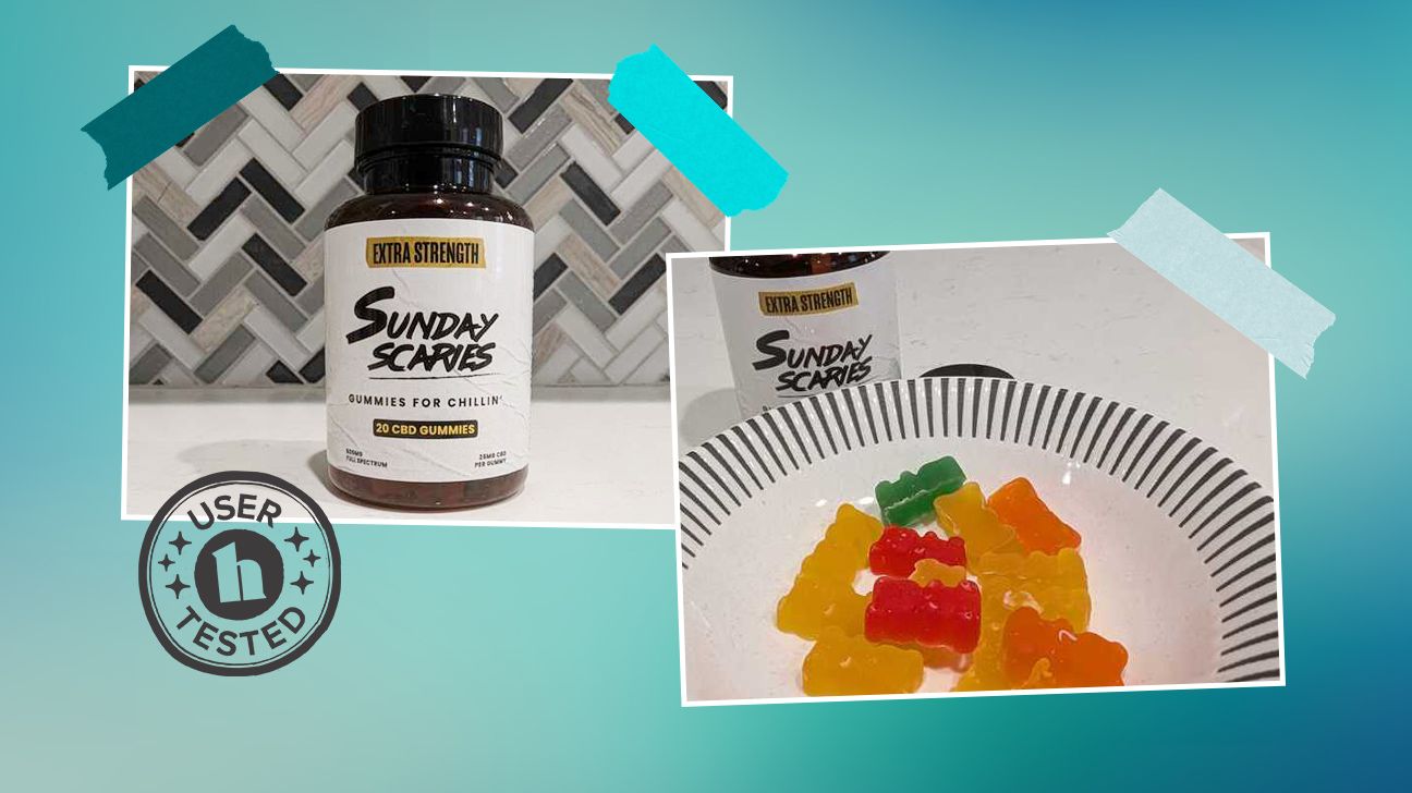 Tester images of Sunday Scaries CBD gummies. They are displayed on a blue background and feature a 'user tested' badge.