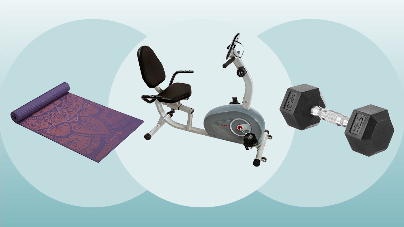collage of home workout equipment for older adults