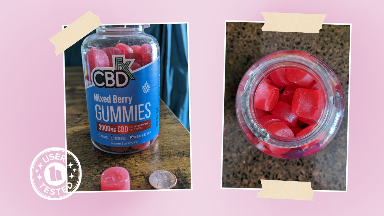 Tester images of CBDfx mixed berry gummies. It features a 'user tested' badge.