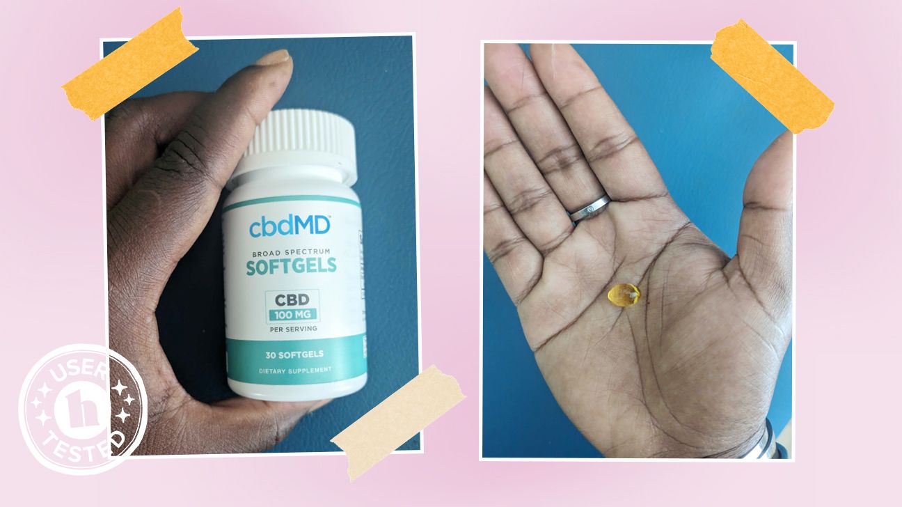 Tester images of cbdMD broad spectrum CBD softgels. It features a 'user tested' badge.