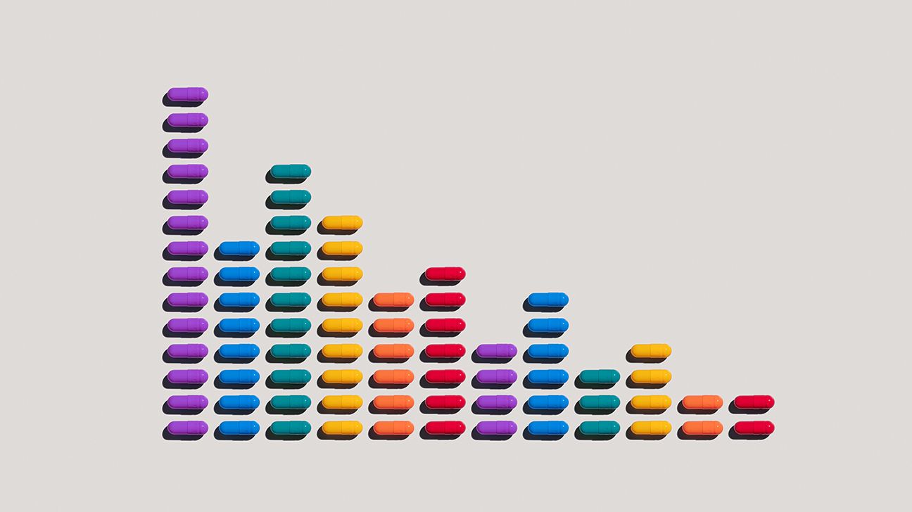 Bar chart of multicolored pills descending from left to right
