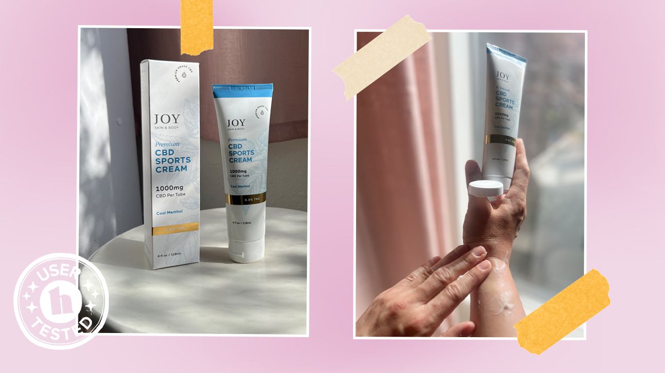 Tester images of Joy Organics CBD Sports Cream. It features a 'user tested' badge.