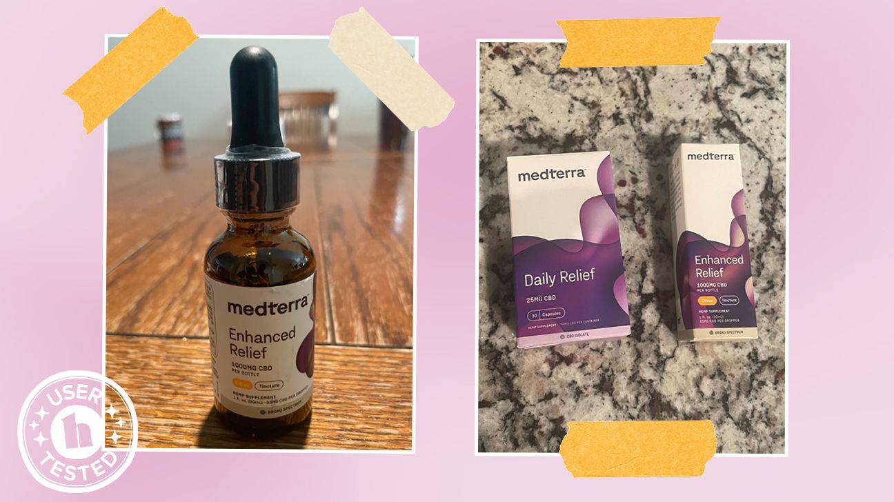 Tester images of Medterra Enhanced Relief CBD oil. It features a 'user tested' badge.