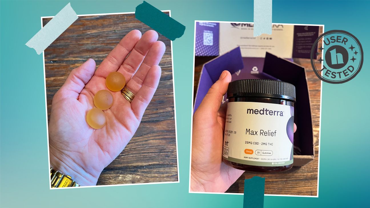 Tester images of Medterra Max Relief CBD Gummies. They are displayed on a blue background and feature a 'user tested' badge.