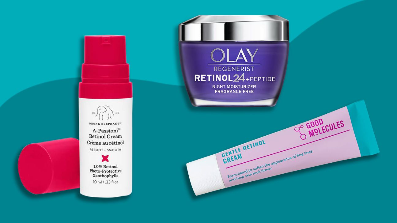 Three retinol creams by Drunk Elephant, Olay, and Good Molecules. They are displayed on a Cyan blue background.