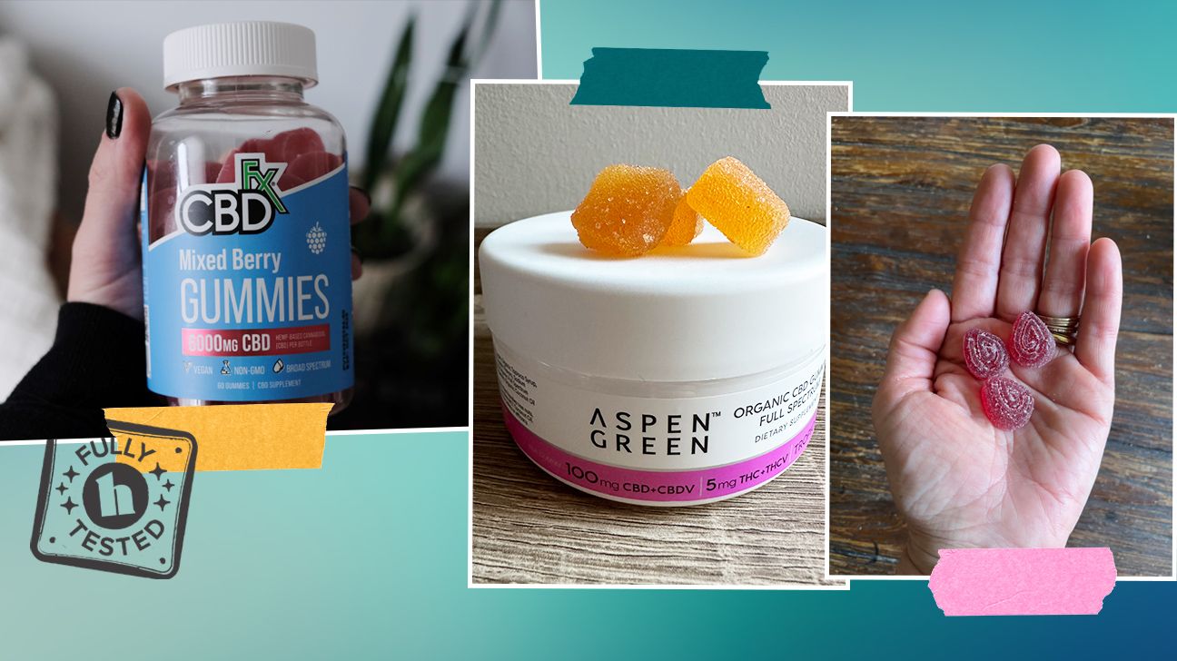 Tester images of CBD gummies by CBDfx and Aspen Green. They are displayed on a blue background and feature a 'fully tested' badge.