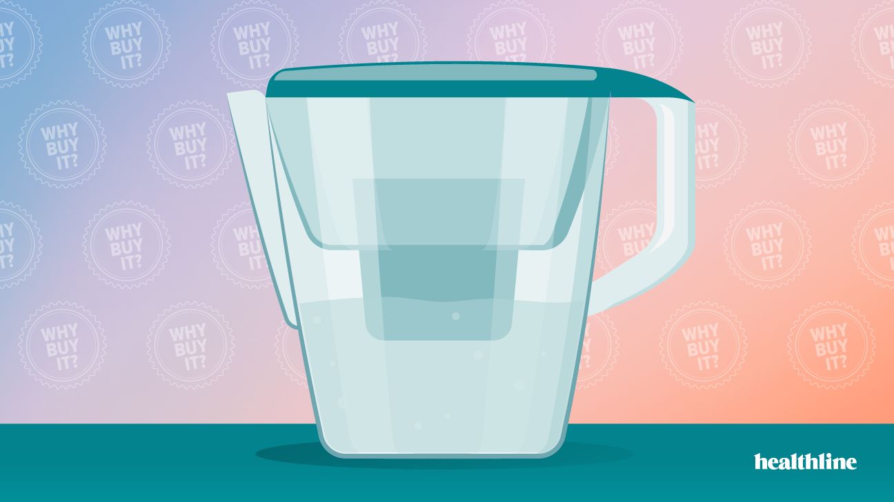 a water filter pitcher is in the middle of the image, standing on a teal blue surface. Behind the pitcher is a gradient of blue, purple, pink, and orange with the badge "why buy it" across the background