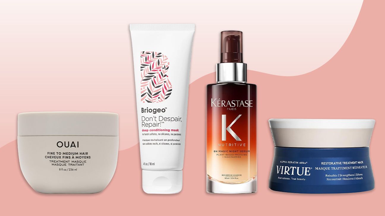 pick background with four products from our roundup in the middle of the image, all in a horizontal line. From left to right, Ouai, Briogeo, Kerastase, Virtue