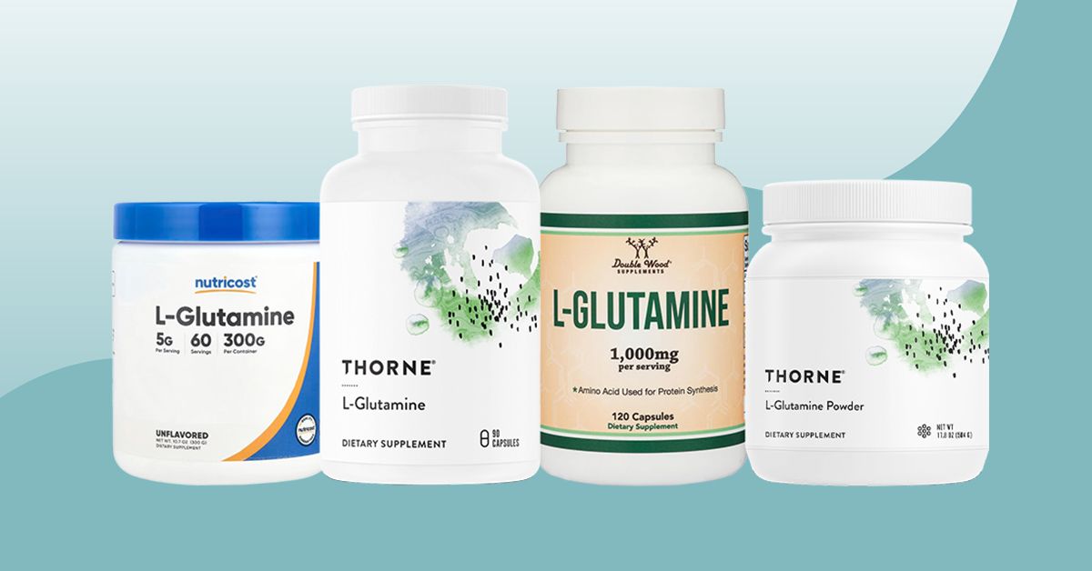 Best L-Glutamine Supplements bottles, including Double Wood, Thorne, and Nutricost, isolated over pale blue wavy background.