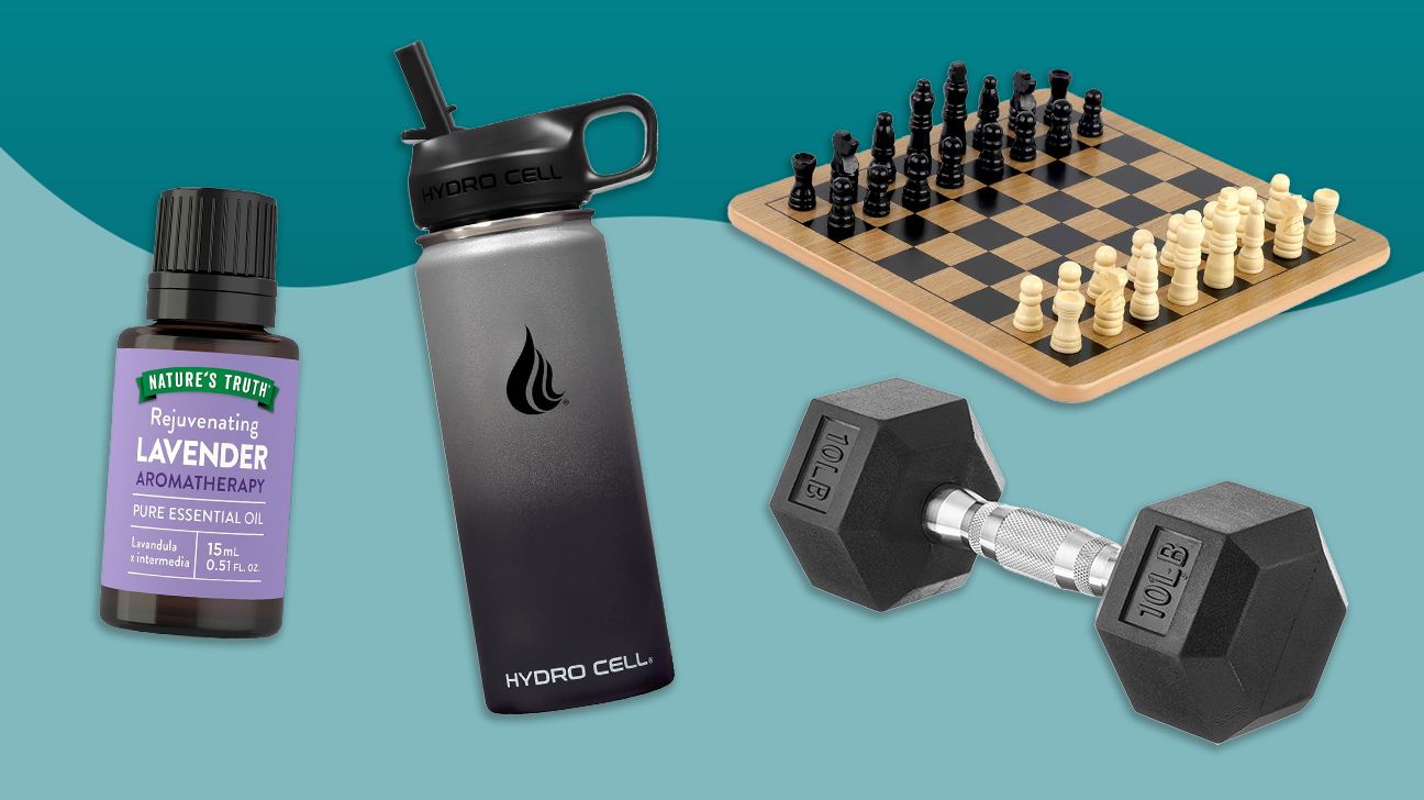 $20 Treasures including aromatherapy oil, chess set, weights, and a water bottle, isolated on two-tone blue background.