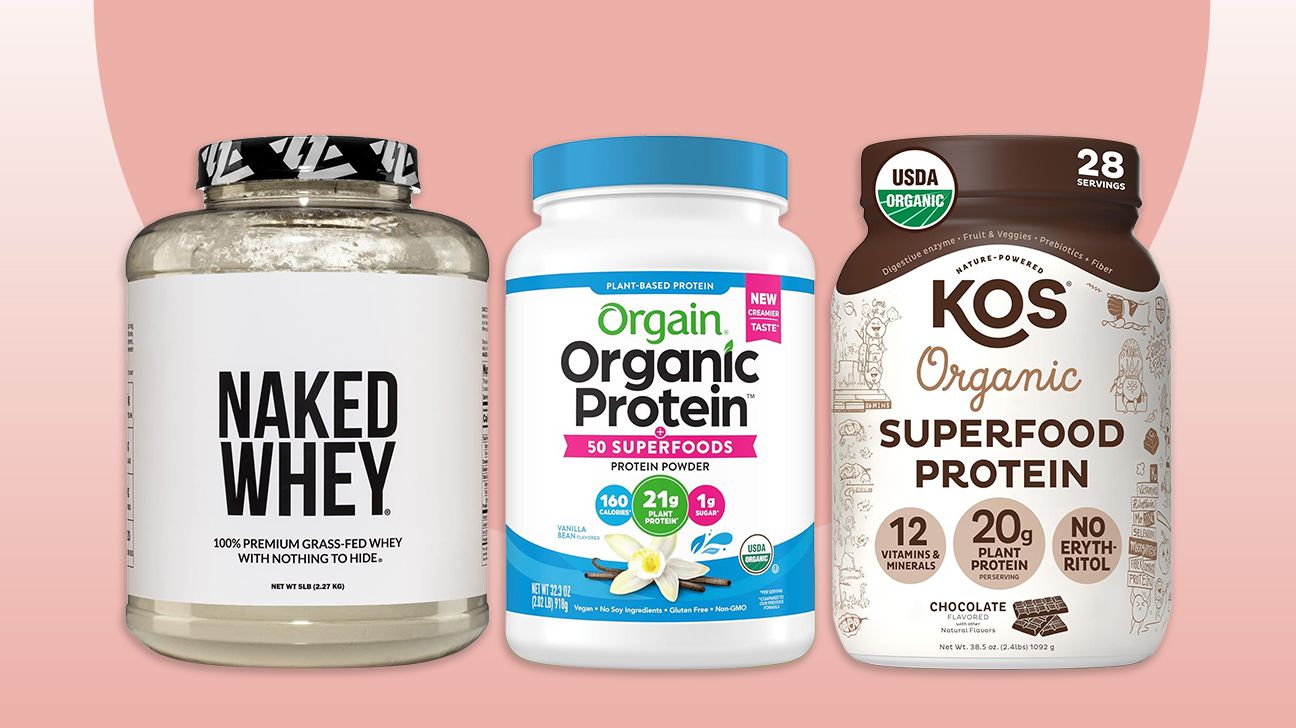 The best protein powders for women, according to Healthline. Featuring Naked Whey, Orgain Organic, and Kos Superfood, all showcased on a soft peach background.