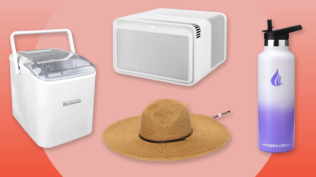 Collage of heat wave essential items, including an ice dispenser, air conditioner, sunhat, and water bottle. They are displayed on a light orange background.