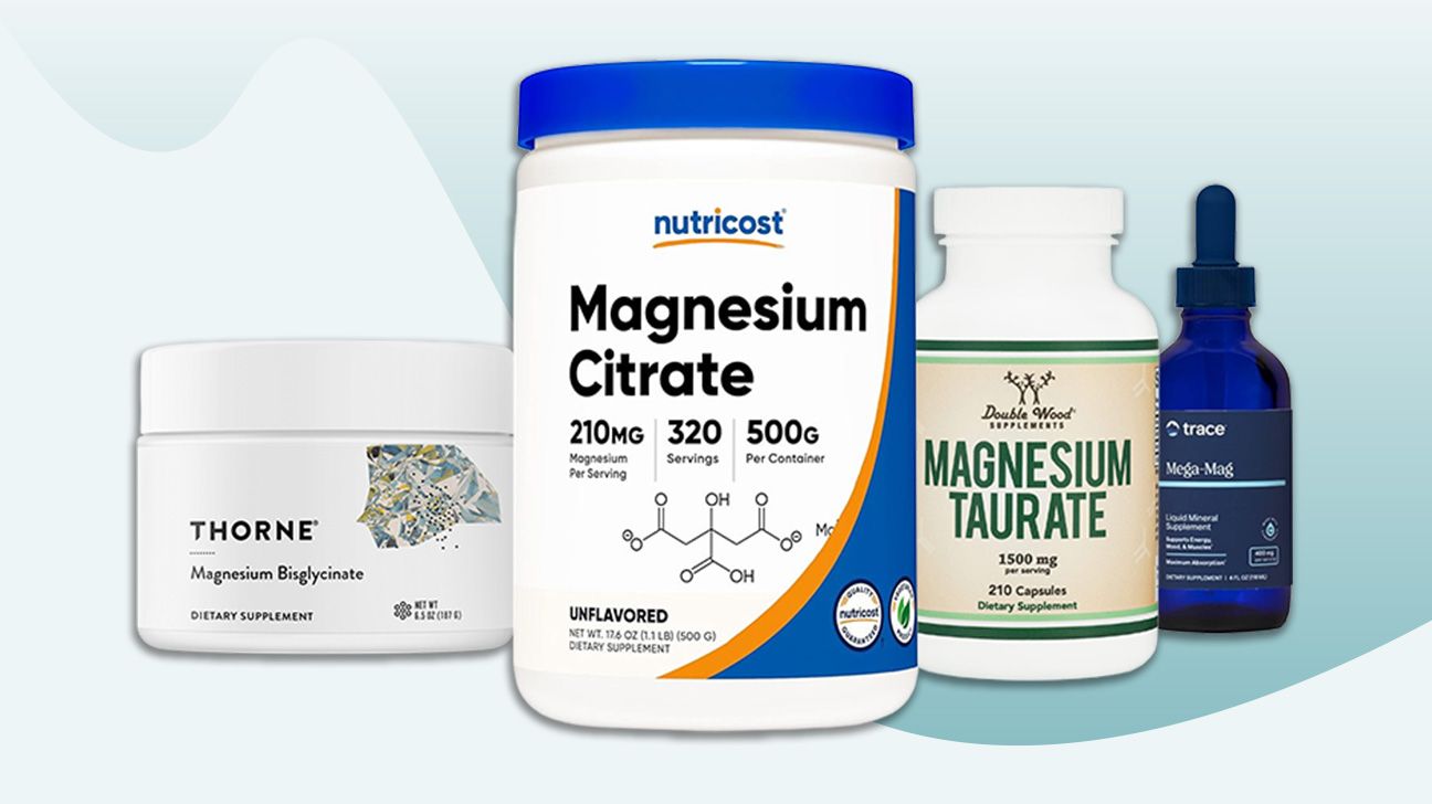 four of our best magnesium supplement picks against a blue background. It features Thorne, Nutricost, Double Wood, and Trace products. 