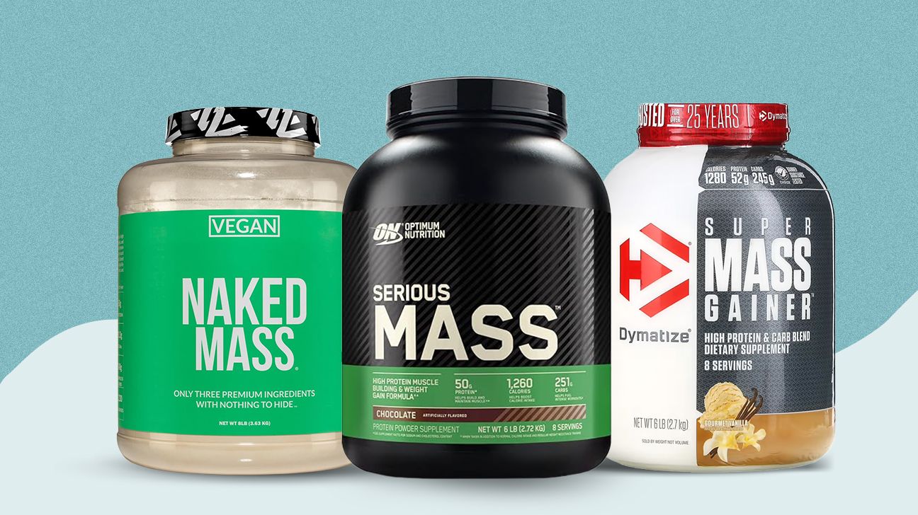 Three brands of protein powder for weight gain, including Naked, Optimum Nutrition, and Dymatize.