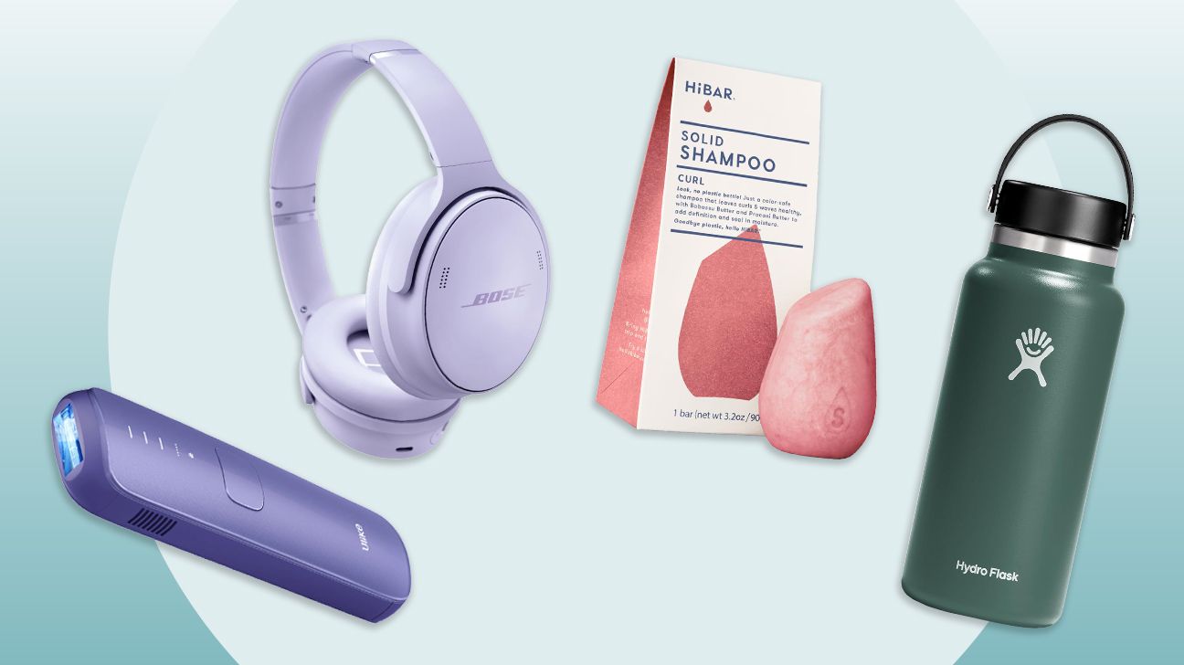 wellness products including headphones, water bottle, and shampoo bar