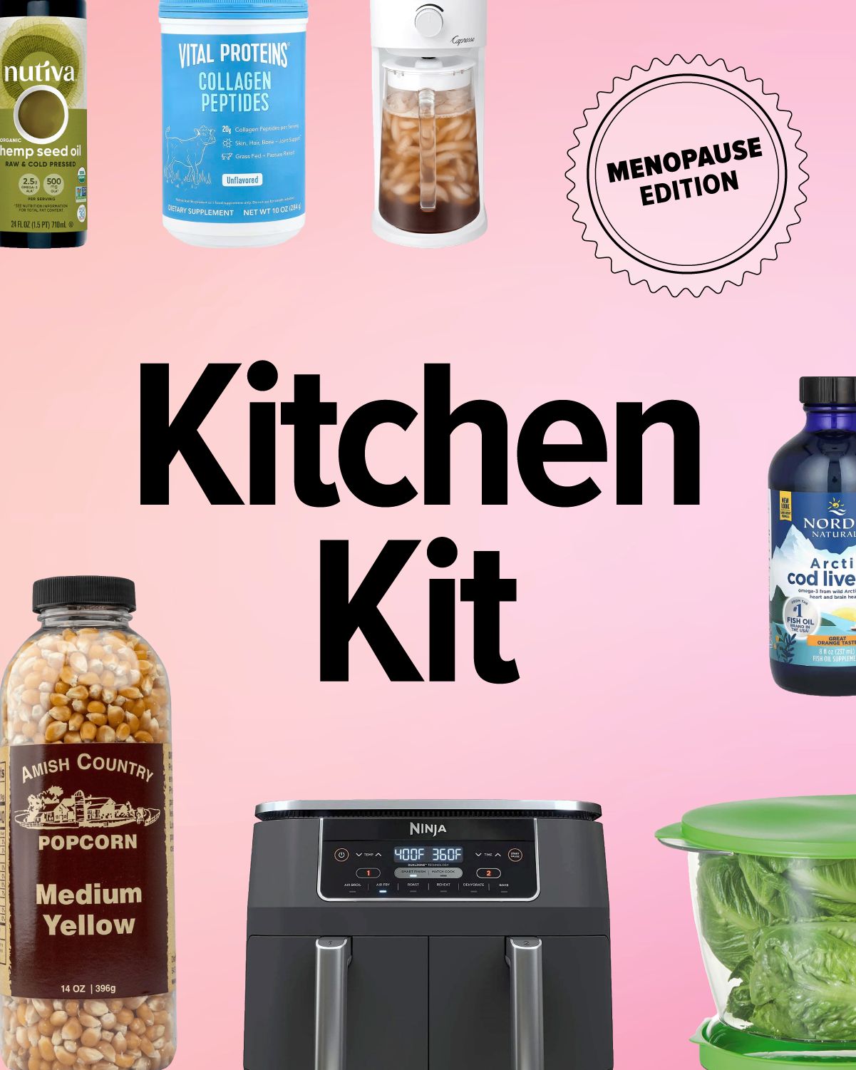 collage of kitchen appliances, snacks, and supplements beneficial for menopause