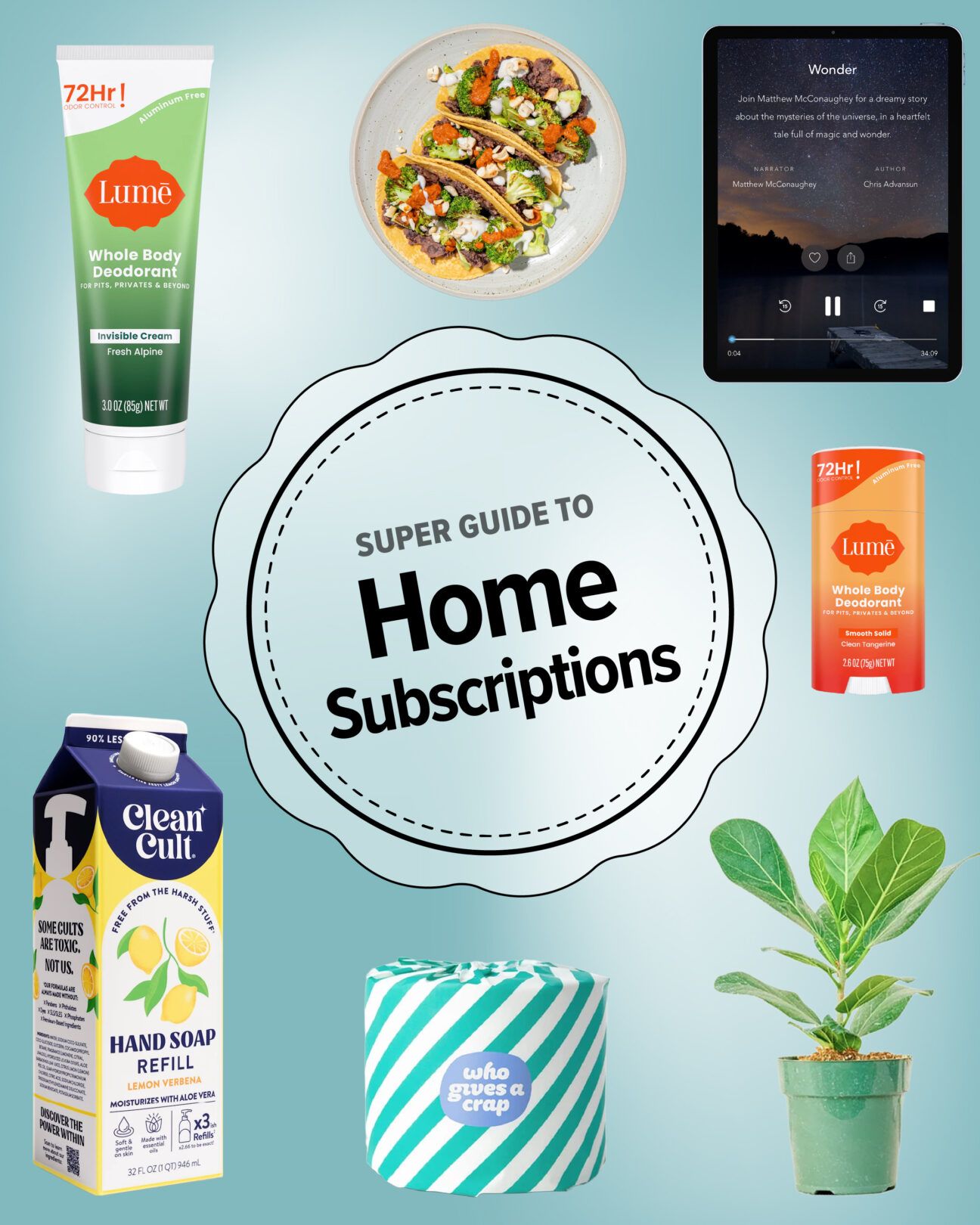 Super guide to home subscriptions header featuring products such as hand soap refills, toilet paper, house plants, deodorant, meals, and apps, isolated over blue background.