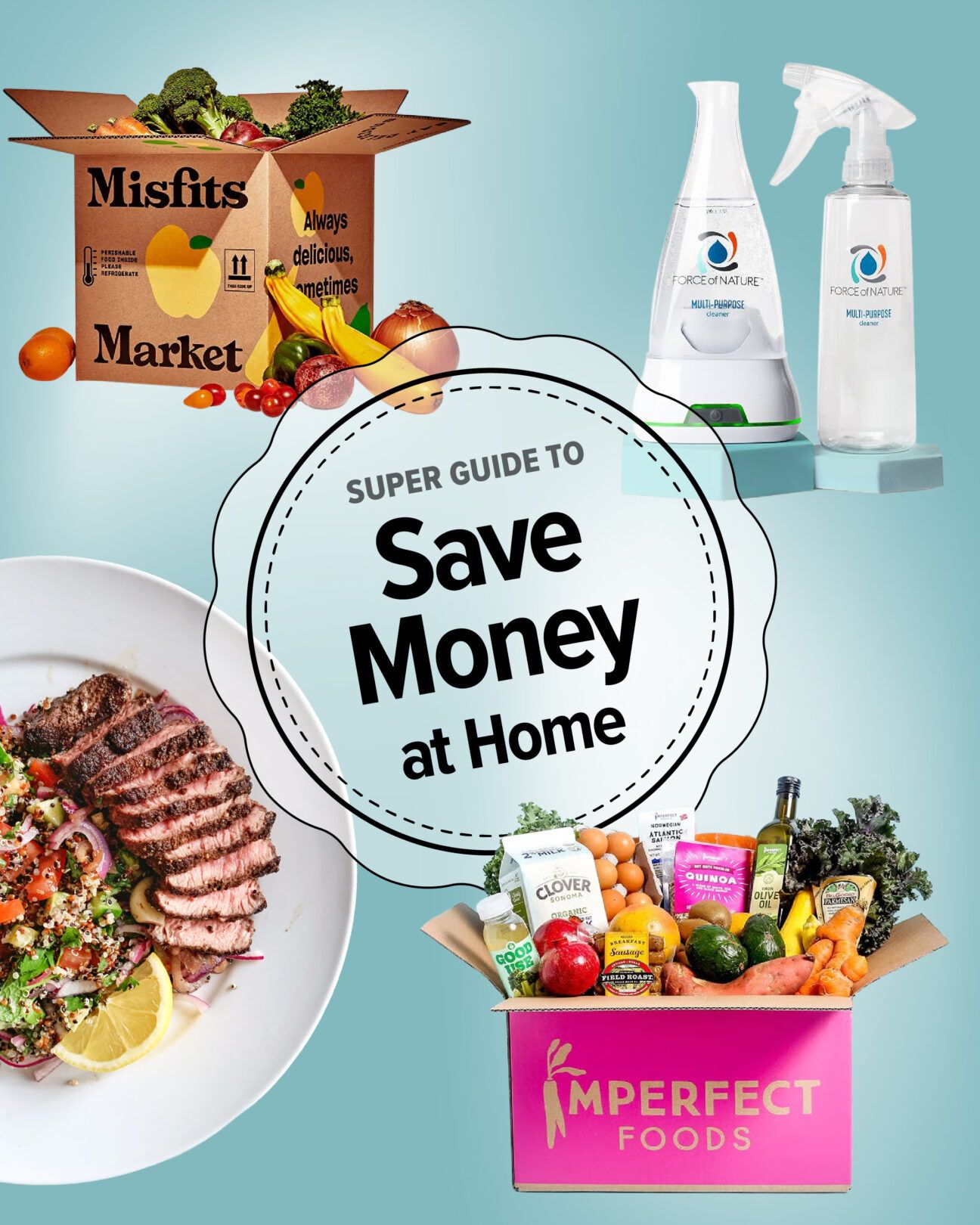 Super guide to saving money at home badge logo over products from grocery discount, budget meal kits, bulk buy markets, and cleaning supply brands, isolated over light blue background.