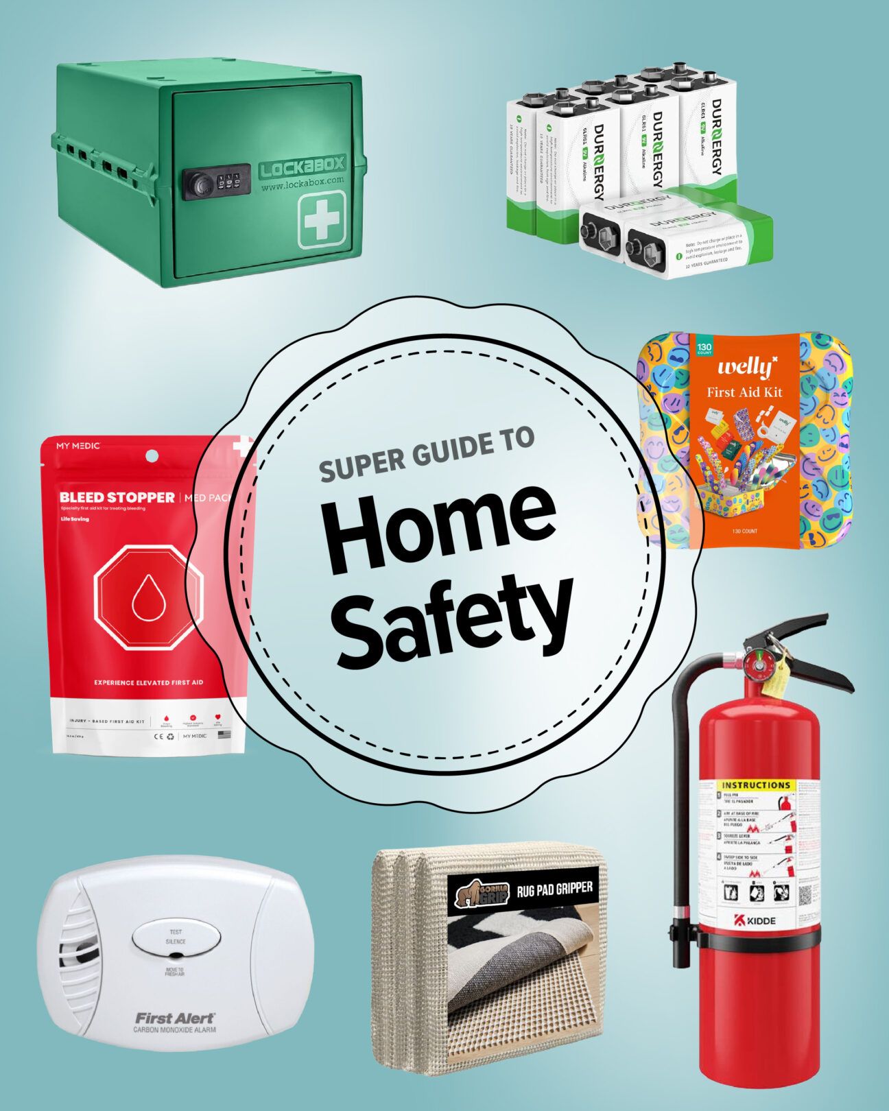 a collage of home safety products with badge that reads super guide to home safety