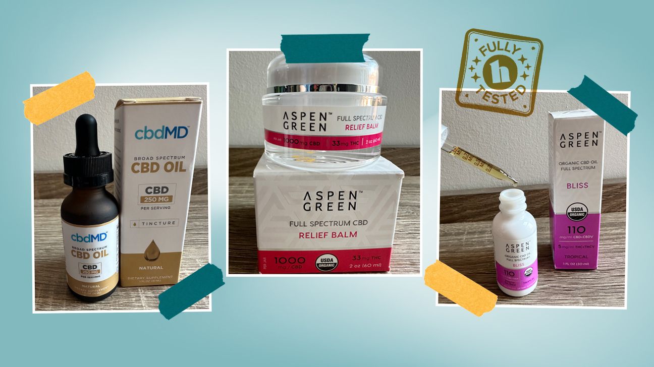 Three of the best CBD products for sleep, with photos taken by Healthline CBD testers.