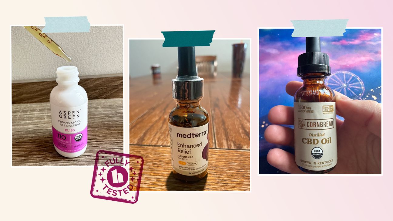 Tester review photos of the best CBD oils for joint pain, including Medterra, Cornbread Hemp, and Aspen Green, on a light red background.