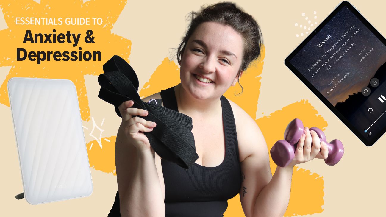 A Healthline editor holding exercise equipment she uses to manage anxiety and depression.