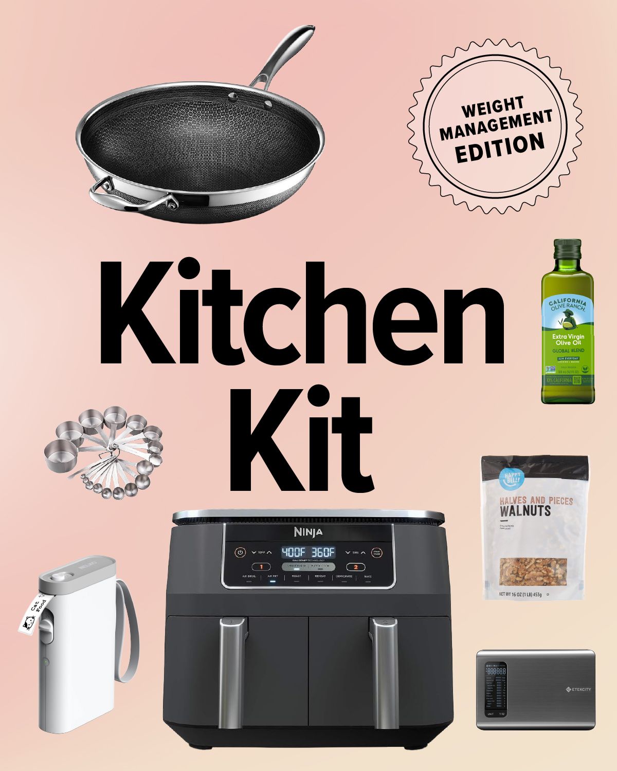 Kitchen Kit for weight management, featuring a 'Weight Management Edition' badge. The text is surrounded by products including an air fryer, olive oil, walnuts, digital scales, label maker, wok, and measuring cups. 