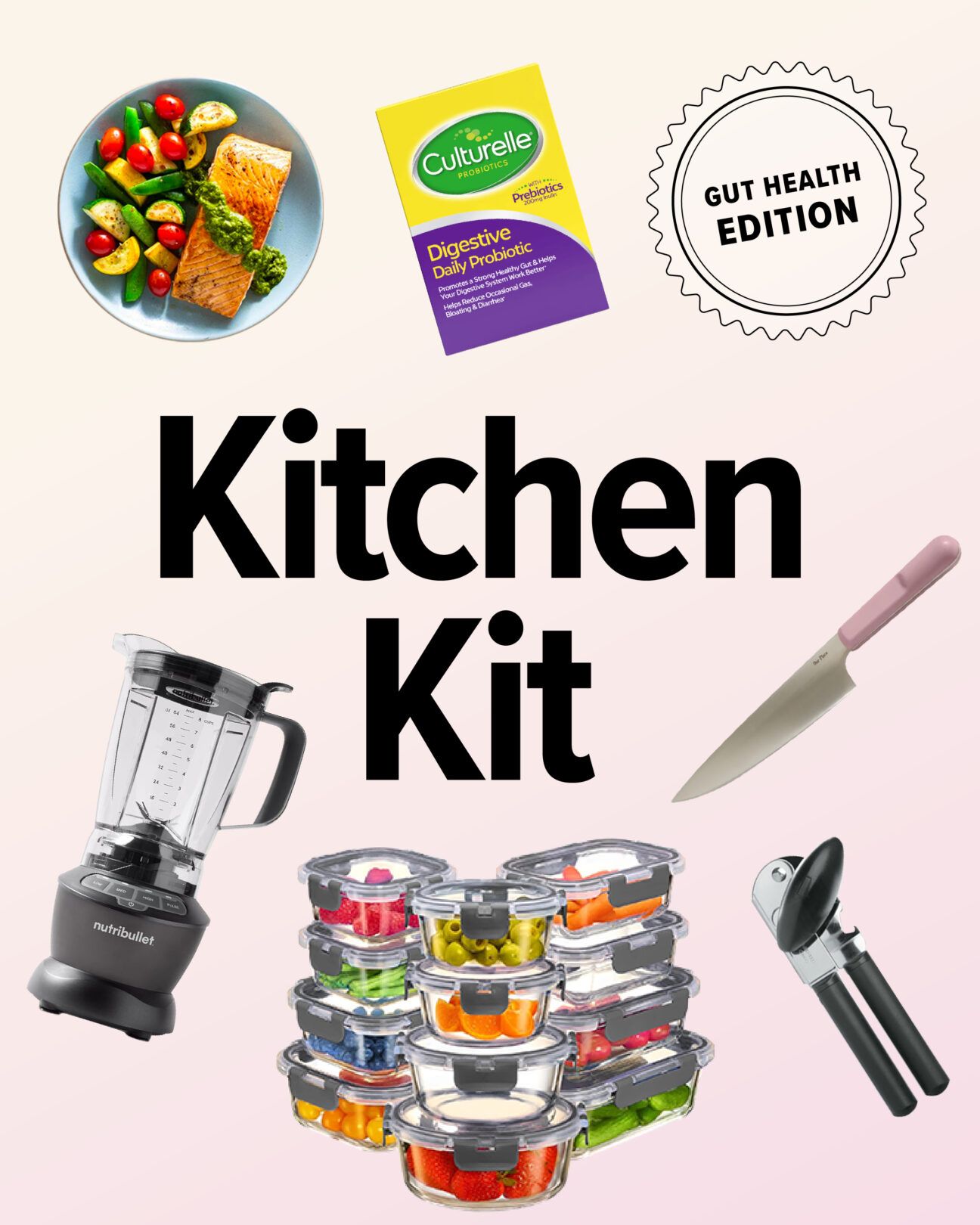 Kitchen Kit is written in the middle of this image. There is a sunflower-esque badge in the right corner of the image that says "gut health edition". There are products surrounding the "Kitchen Kit" logo from our roundup.