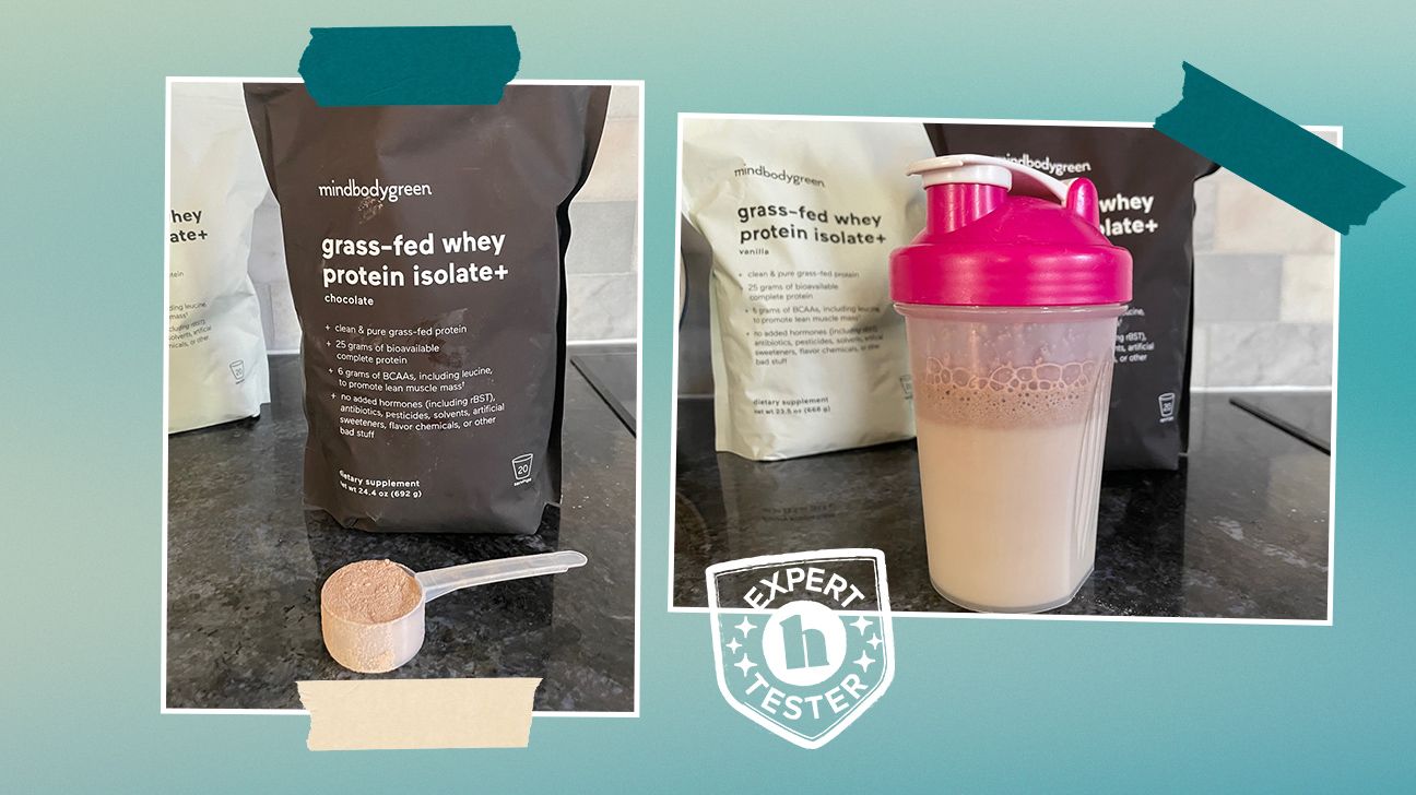 Tester images of mindbodygreen whey protein powder.