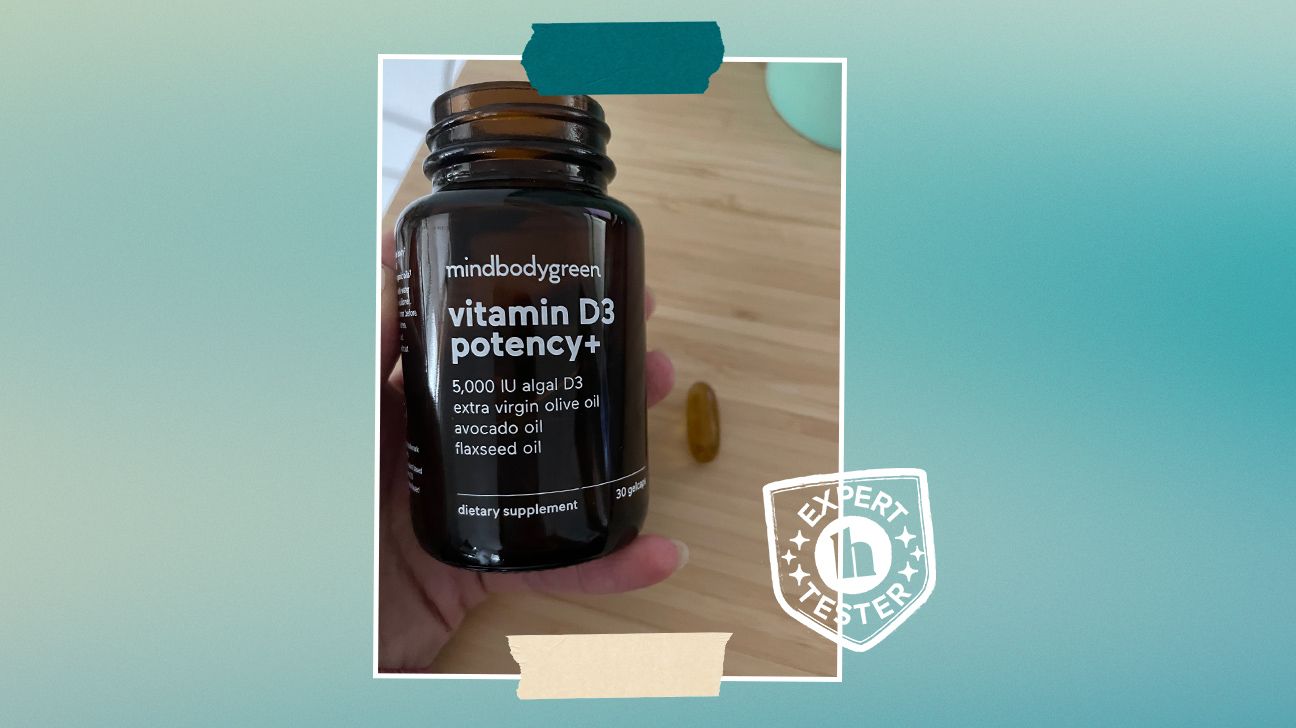 Tester images of mindbodygreen vitamin D3 supplement.