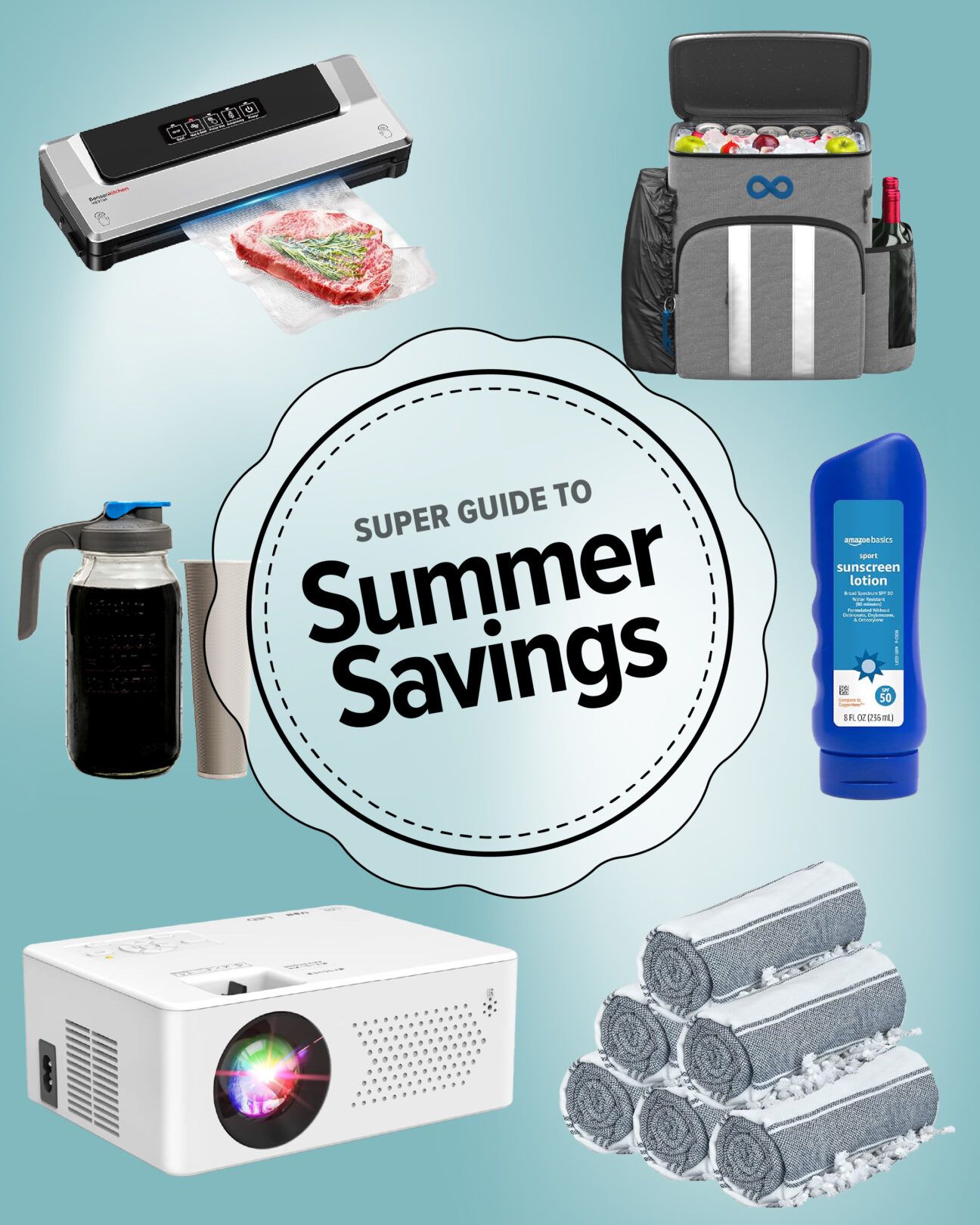 A collage of essential money-saving summer items around a circular badge that says super guide to summer savings.