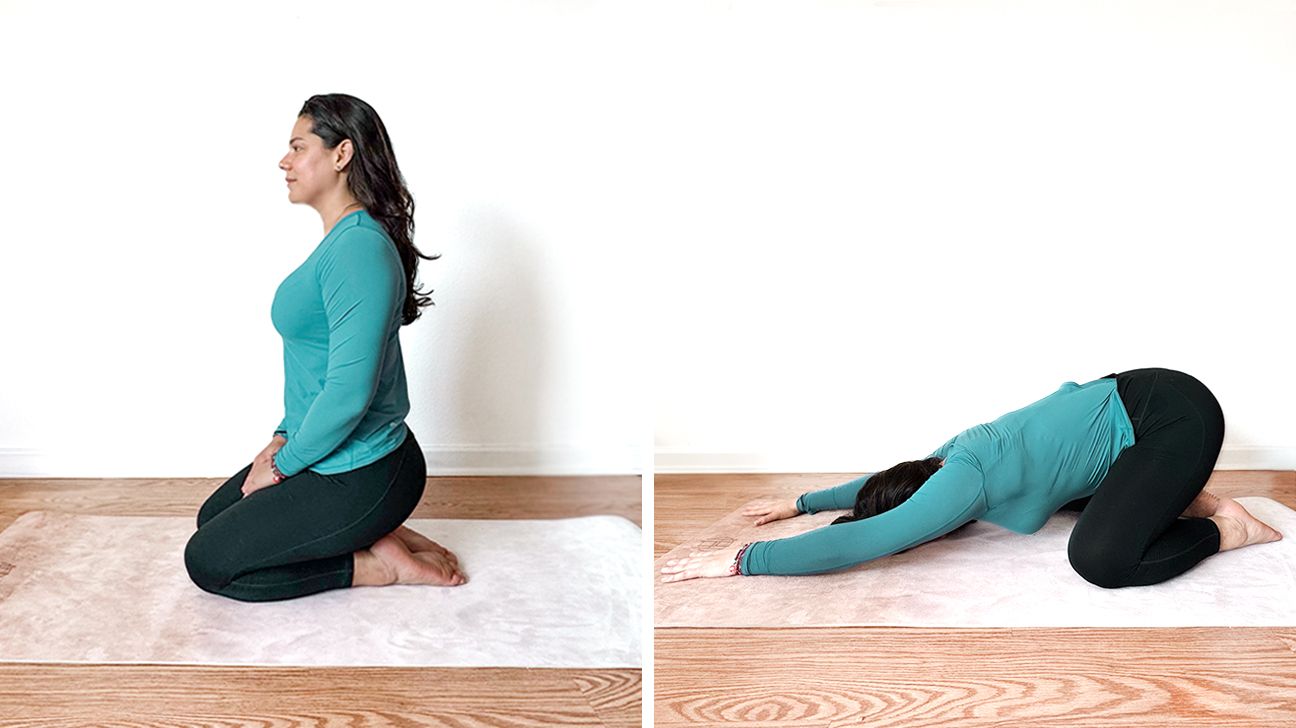 Two-step sequence of a woman moving from kneeling to Child’s Pose (Balasana), arms extended forward