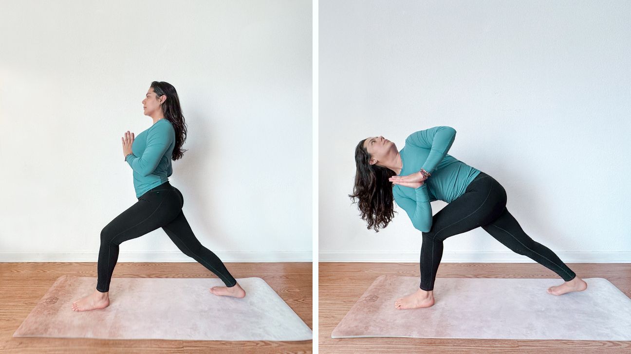 Two-step sequence of a woman in Crescent Lunge, then twisting into Revolved Crescent with palms together.