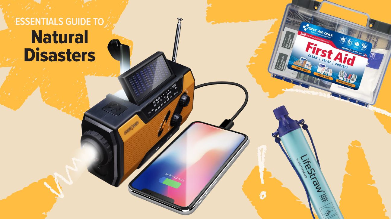 Three essential items for natural disasters, a weather radio, LifeStraw, and first aid kit, on a textured yellow background with the heading 'Essentials Guide to Natural Disasters'