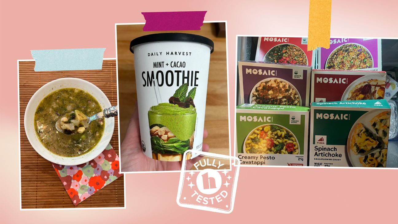 collage of user generated images of meal delivery products, from the likes of Daily Harvest and Mosaic. It features a 'fully tested' badge.