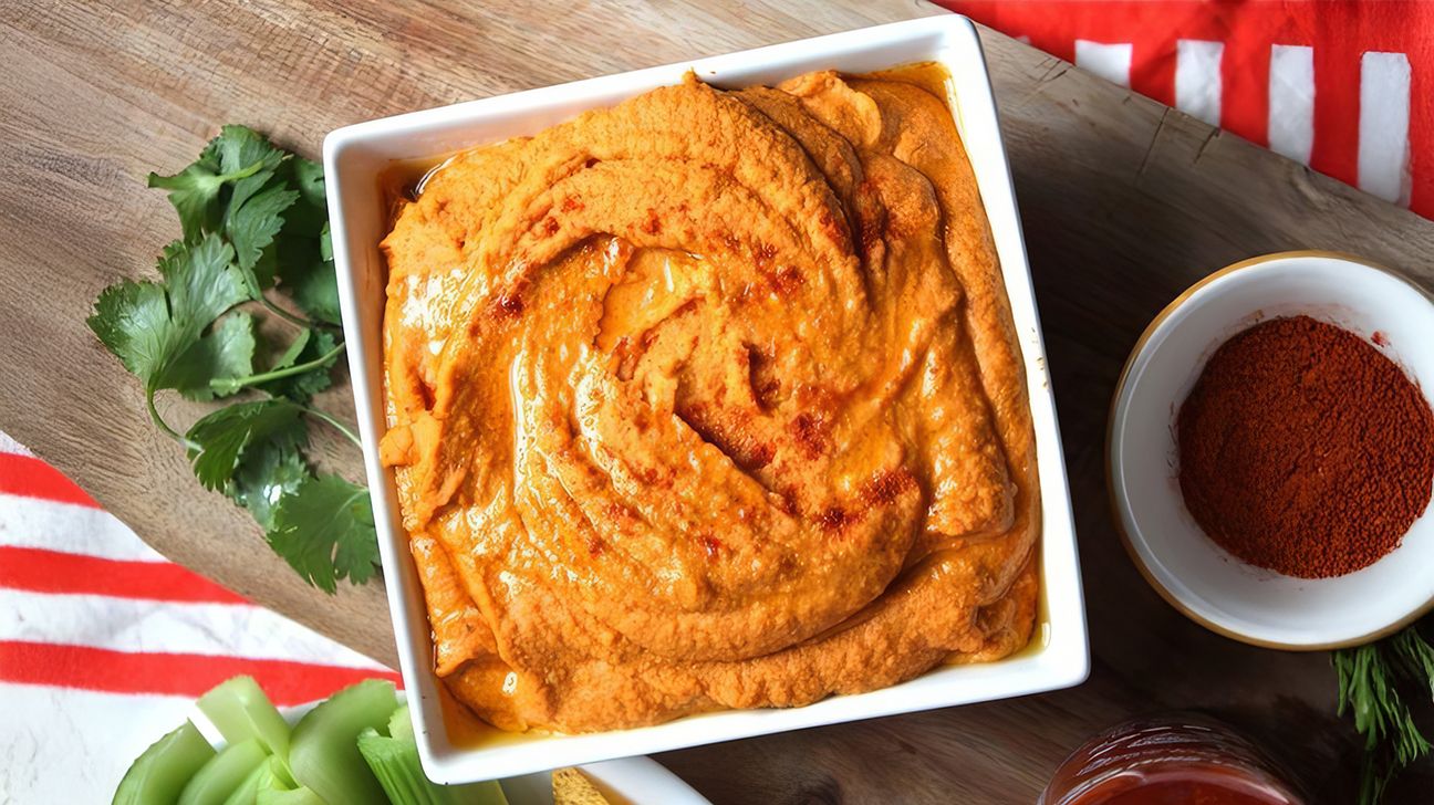 Buffalo sriracha hummus with celery sticks
