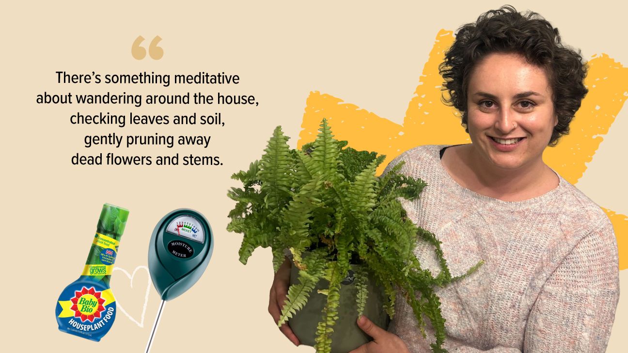 Collage of Healthline editor holding her houseplant and home gardening tools