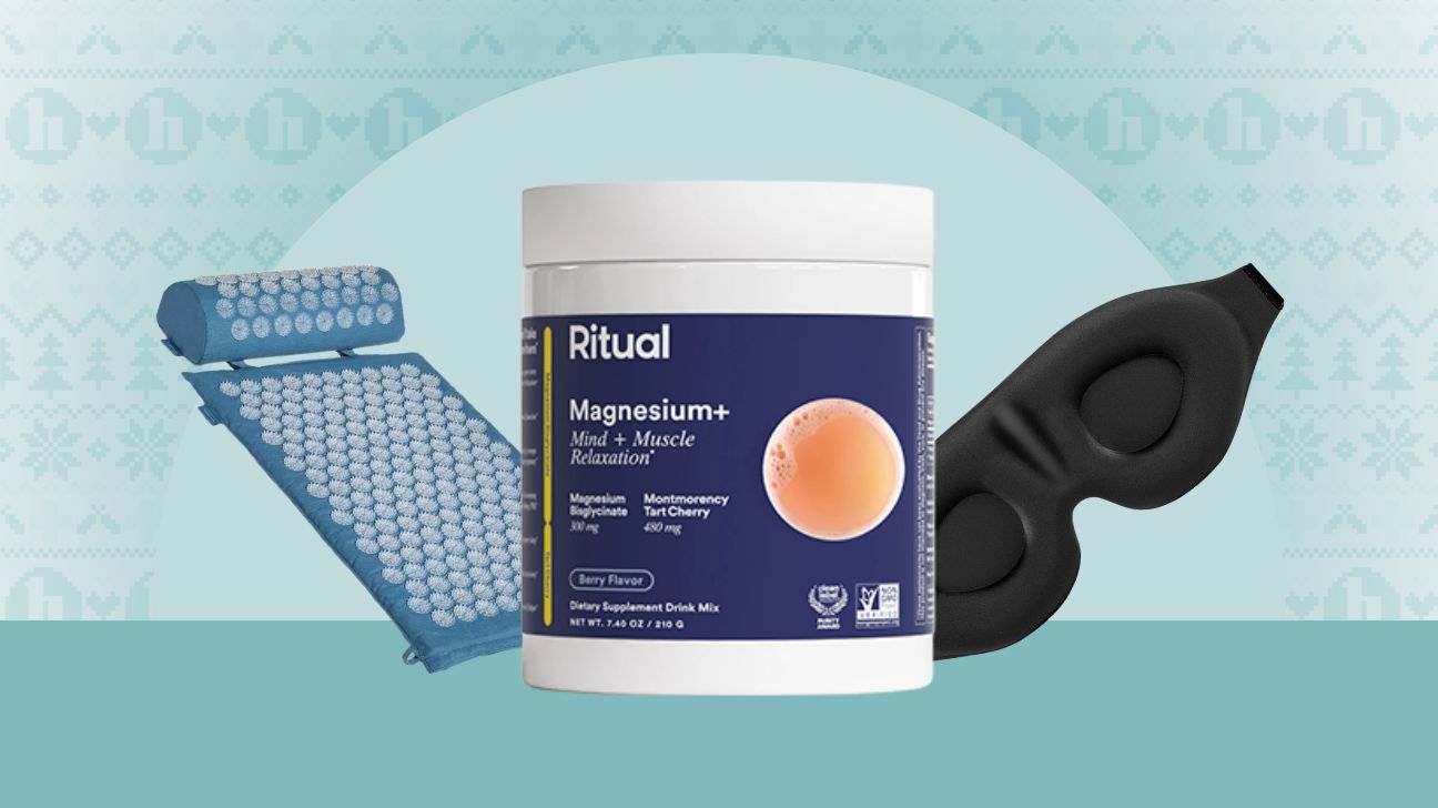 collage of an acupressure mat, magnesium powder, and sleep mask