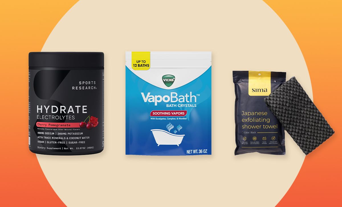 a collage of Sports Research electrolytes, Vicks Vapo Bath, and Sima exfoliating towel