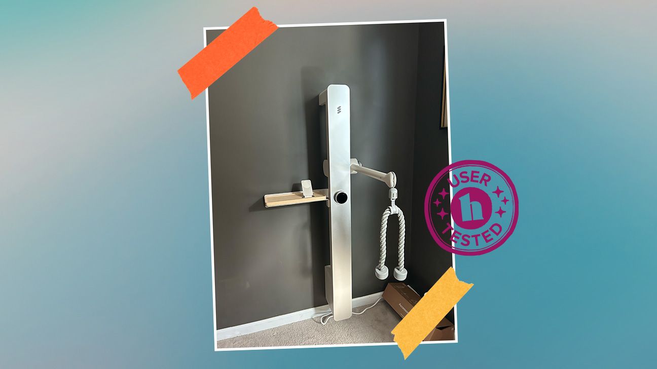 amp fitness device home gym tester review photo by Nick Trull, isolated over gradient blue background.